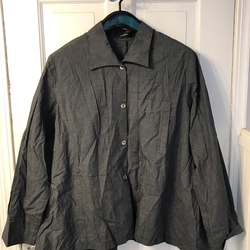 Vitamin asymmetrical blouse w/ 2 pockets tiny windowpane check artsy Lagenlook